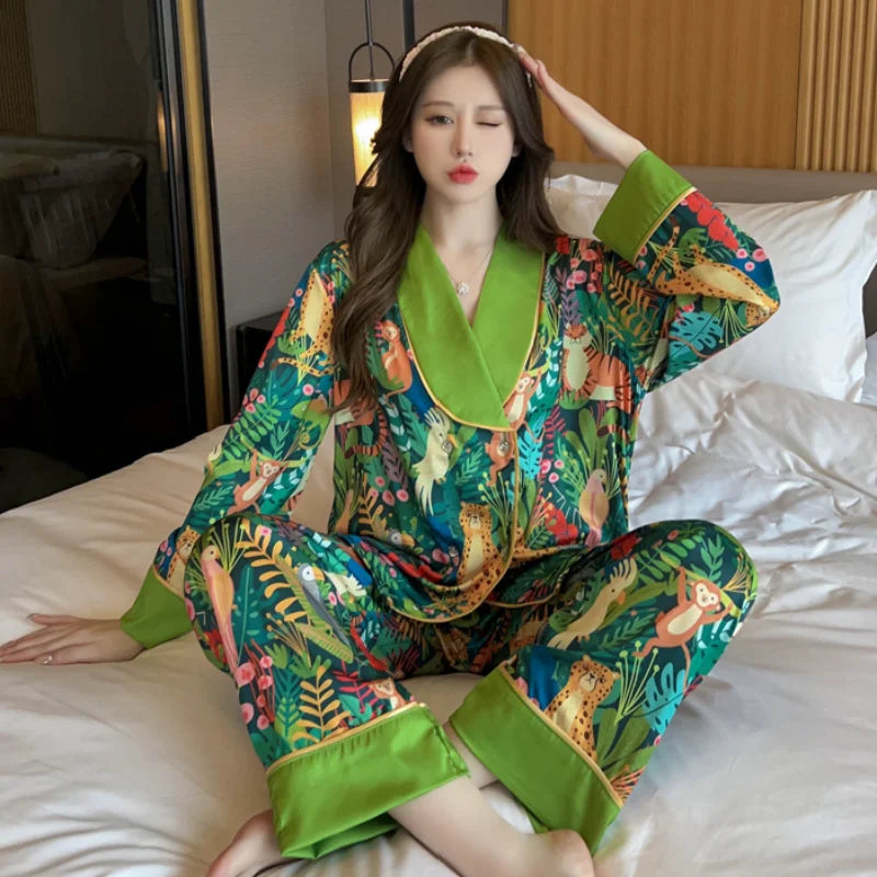 Print  Animal Flower V-neck Luxury Pajamas Set for Women Spring Autumn New Casual Home Suit Nightwear All-match Soft Pajamas