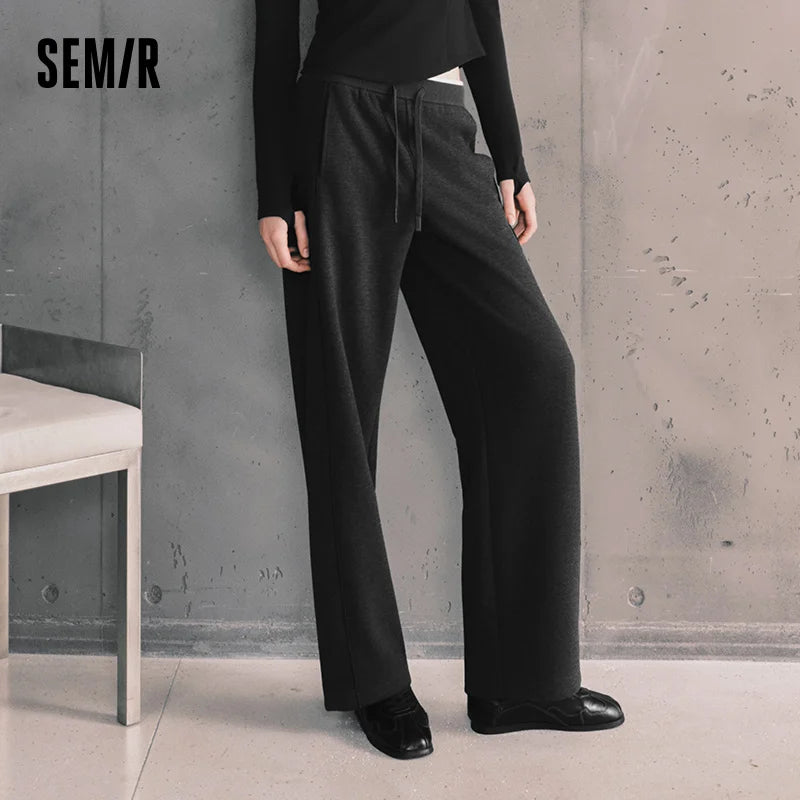 Semir Women Pants Wool Look Fabric Color Block Wide Leg Elastic Waist Everyday Style Soft Touch 2026 Winter Full Length