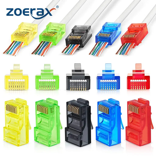 ZoeRax RJ45 Cat6 Pass Through Connectors, Assorted Colors, EZ to Crimp Modular Plug for Solid or Stranded UTP Network Cable Mix Colors CHINA