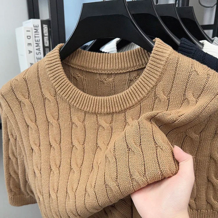 Men's Vintage Cable Knit Short Sleeve Sweater 100% Cotton Casual Crew Neck Pullover