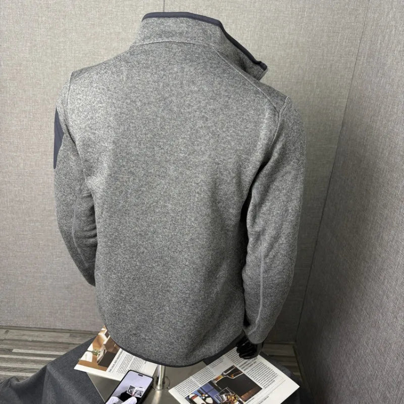 Outdoor Thermal Jacket - 3D Tailored Knit Cardigan with Fleece-Lined Windproof Stand Collar, Reversible Dual-Purpose Wear