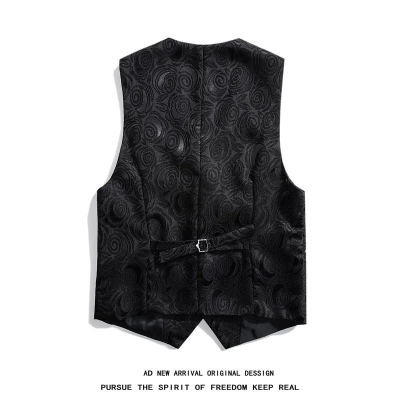 Men's Roses Embroidered V-neck Sleeveless Vest Jacket,White,Black Single-breasted Button Suit Vests, Asian Size Male Waistcoat
