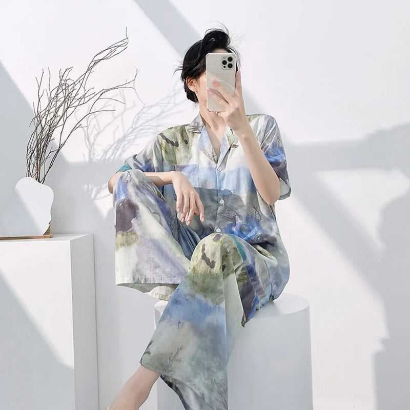Floral Pajamas Woman Summer Night Wear Ladies 2 Piece Pijama Cardigan Lapel Short Sleeve Homewear Loungewear Home Suit 2026 New