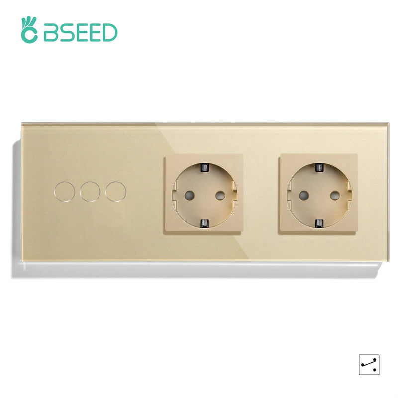 Bseed Touch Light Switch 1/2/3Gang 2Way Wall Socket Type-C USB Port Light Switches For Stairs Glass Panel Blue Backlight 240V