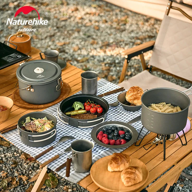 Naturehike Aluminum Alloy Pots Set 4pcs Non-Stick Pan with Mesh Bag Portable Outdoor Camping Cookware Picnic Cooking Tableware
