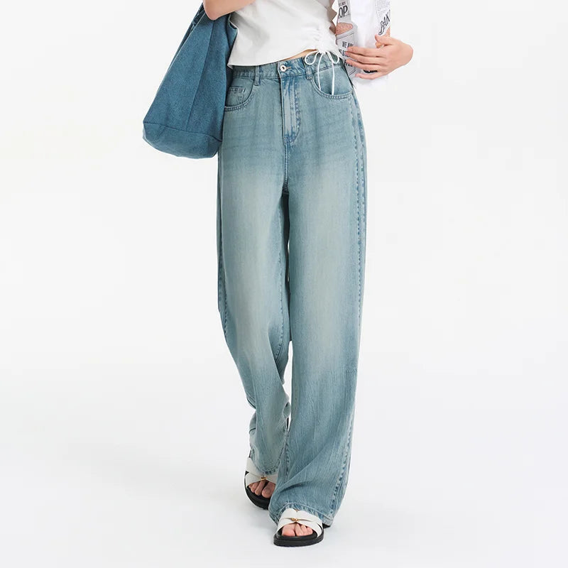 Semir Women Pants Denim Half Elastic Waist Slit Floor Length Comfort Slim Fit Cool Wide Leg 2026 Summer Casual Fashion Top