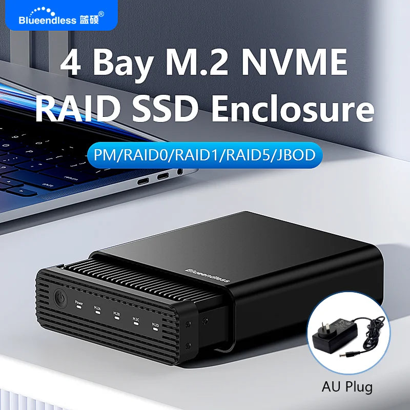 ប្រអប់ ដាក់ ថាស SSD ខាងក្រៅ M2 4-Bay USB4 របស់ Blueendless M.2 NVME 40Gbps M.2 NVME RAID PM/RAID 0/RAID 1/RAID 5/JBOD SSD