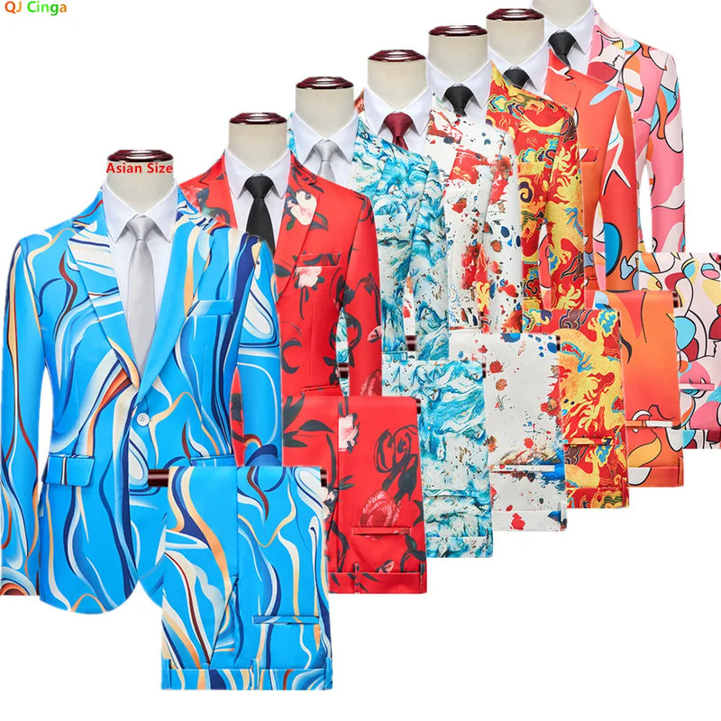 2026 New Men's Blue Printed Suit Set -Vibrant Blue&Colorful Print,Asian Sizes Two-Piece,Casual & Stylish Outfit for Daily Wear‌