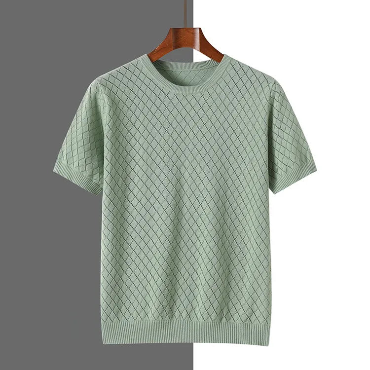 Men's 100% Cotton Short Sleeve T-Shirt with Diamond Knit Texture – Breathable Crew Neck Casual Top
