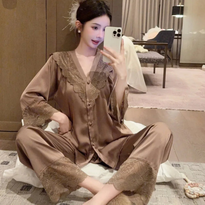 Elegant Women Pajamas Thin Home Clothes 2 Piece Loungewear Spring Autumn Long Sleeve Sleepwear Suit Elastic Waist Pants Pijama