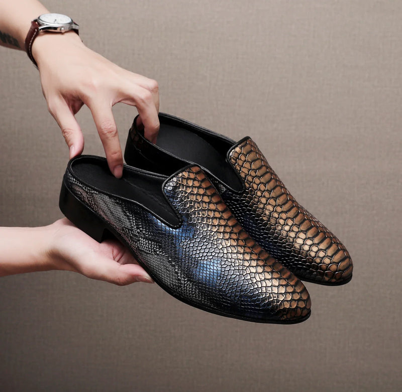 Big Size Mens Backless Mules Pointed Toe Slip on Loafers Men Low Heel Python Pattern Half Slippers Party Dress Shoes