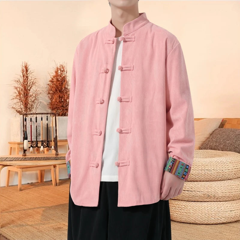 Retro-style Men's Black Long-sleeve Jacket with Chinese Dragon Motif, Single-breasted Stand-up Collar Coat.pink,Red,Apricot Top.