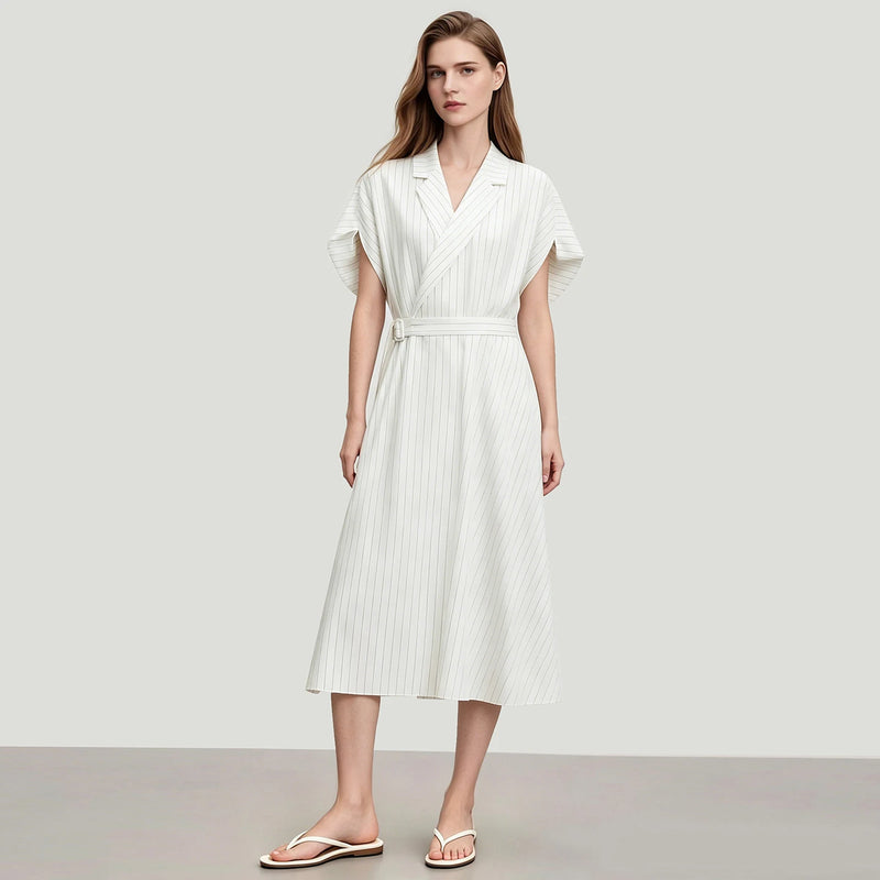 Amii Striped Women's Dress 2026 Summer New Lapel Dolman Short Sleeve Waist Belt Office Casual Long Dress For Women 12652056