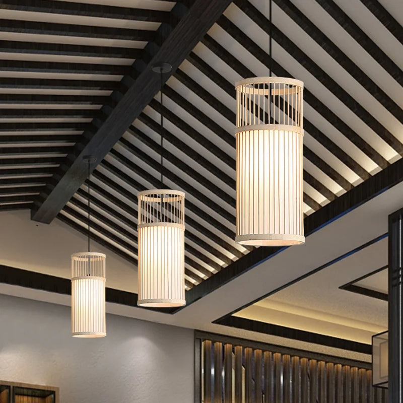 Bamboo Pendant Light Hand-Woven Cord Rattan Boho Hanging Lamp Mount Ceiling Chandelier for Dining Living Bedroom Kitchen