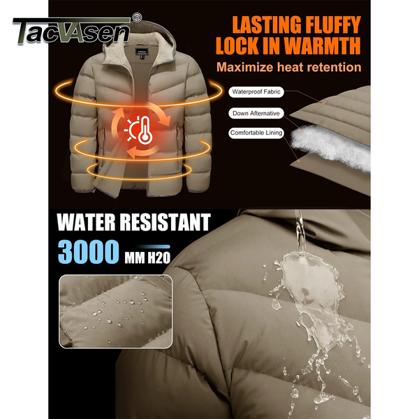 TACVASEN Mens Sherpa Lined Puffer Jacket Quilted Full-Zip Water Resistant Windproof OutShell Zippered Pockets Fleece Warm Coat