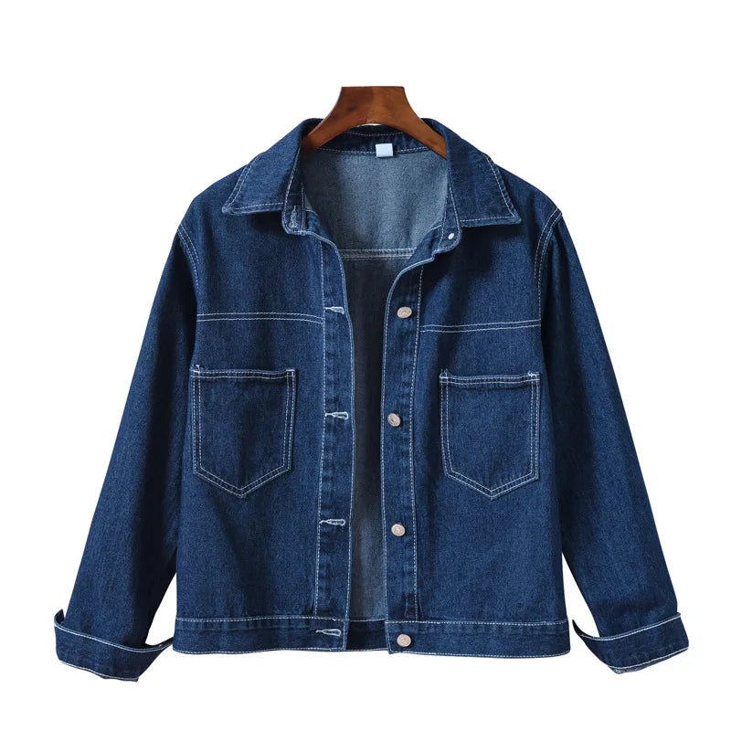 2026 Women's Blue Denim Jacket, Single Breasted Lapel Long Sleeve Coat, Pocket Decoration Casual Top Coats.