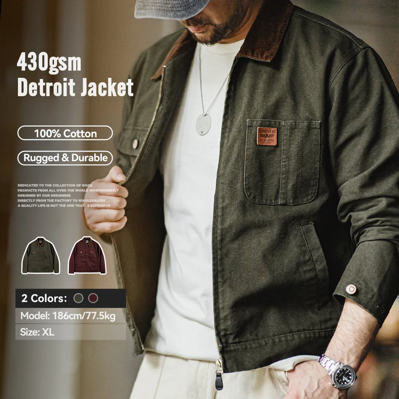 អាវ Maden Retro Heavyweight Canvas Detroit Jacket Corduroy Collar អាវខ្លីសម្រាប់បរបាញ់ មានហោប៉ៅ អាវក្រៅរដូវស្លឹកឈើជ្រុះសម្រាប់បុរស