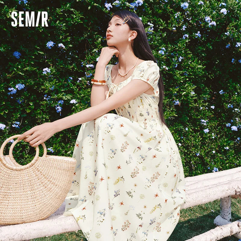 Semir Women Dress Hollow Bow Waist Cinching Floral French Romantic Sweet Elegant 2026 Summer Casual Fashion Top