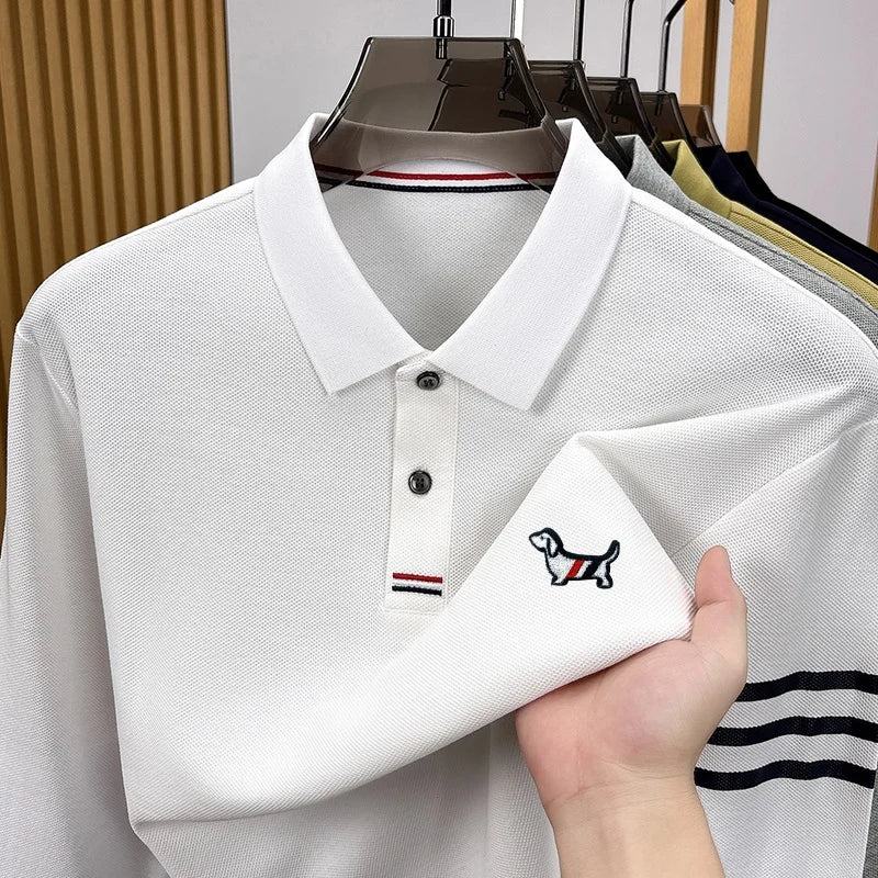 Best Seller 100% Cotton Man Long-Sleeved Polo Shirt Lapel Button Dog Embroidery Autumn Winter New Tops Leisure Men's Clothing