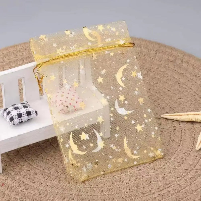 50PCS Moon Stars Drawstring Organza Bags Jewelry Gift Bags Pouches Gold Star Organza Favor Pouches for Christmas Wedding