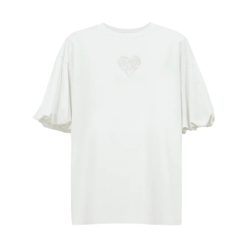 Amii Women's Short Sleeve Tee 2026 Summer New Heart Embroidered Round Neck Drop Shoulder T-shirt Loose Fit Casual Top 12622191