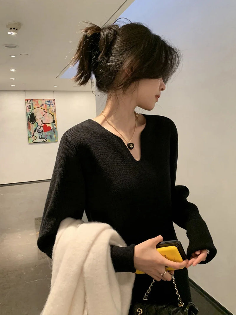 Fashion Knitting Woman Clothes Slim Middle-long Sweater Dress Bottom Wear Autumn Winter V Neck Long Sleeve Pullovers Jumper