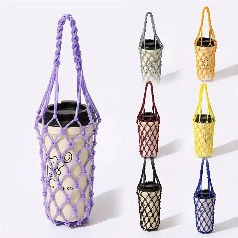 1pc Handwoven Reusable Cylindrical Mesh Bag,Reusable, Hand-Held Water Kettle Bag,Drink Bag,Portable for Beach,Picnics,Travel.