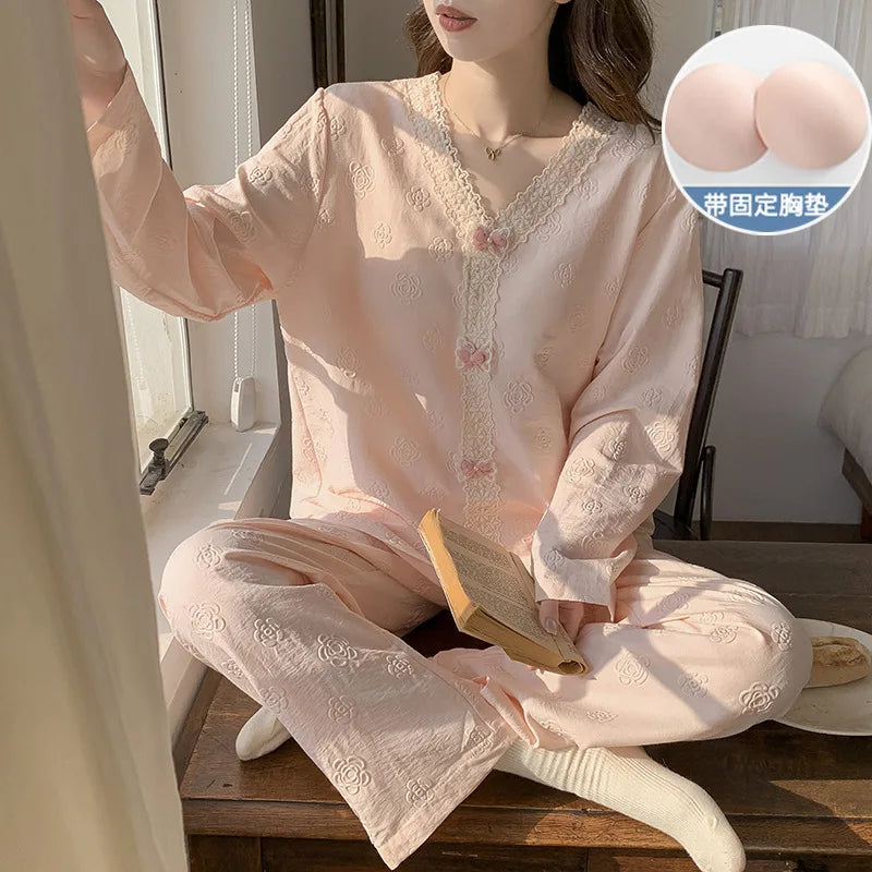 Pajama Woman Winter Sleepwear Set New Casual Chest Pad Long Sleeve Top Pant Suit Spring Autumn Cotton Women's Home Clothes