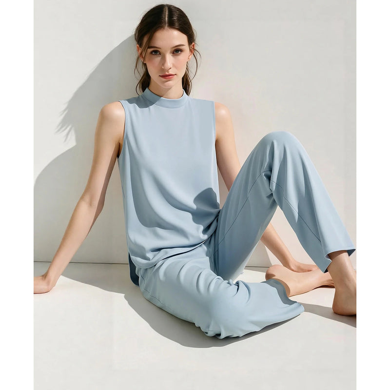 Amii Mock Neck Women's Blouse 2026 Summer New Solid Color Asymmetric Slit Hem Shirt Casual Sleeveless Chiffon Top Women 12642104