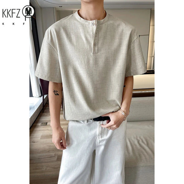Male Summer Henley Neck Casual T���Shirt Lightweight Linen Texture Material Loose Cut Tee For Travel Gathering Street Wear