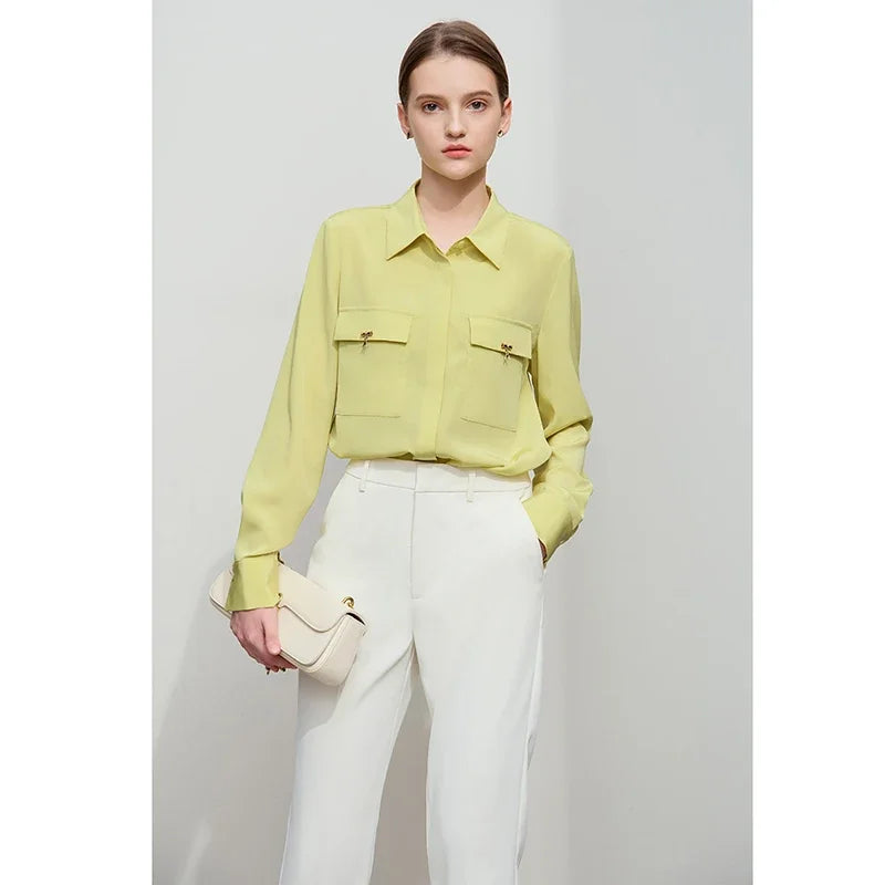 AMII Minimalist Chiffon Shirt Women 2026 Autumn New Temperament Gentle Lapel Bamboo Work Pocket Concealed Button Tops 12521032