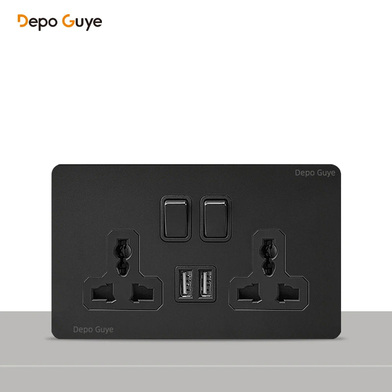 146 Type Retro Metal Panel UK 13A Wall Socket,Bronzed Stainless Steel Power Universal 3-pin Dual Power Socket With USB C charge