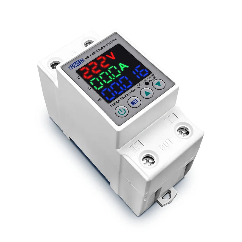 TOMZN 63A 230V DIN Rail Adjustable Over Under Voltage Protective Device Protector Relay with Current Protection Energy Meter
