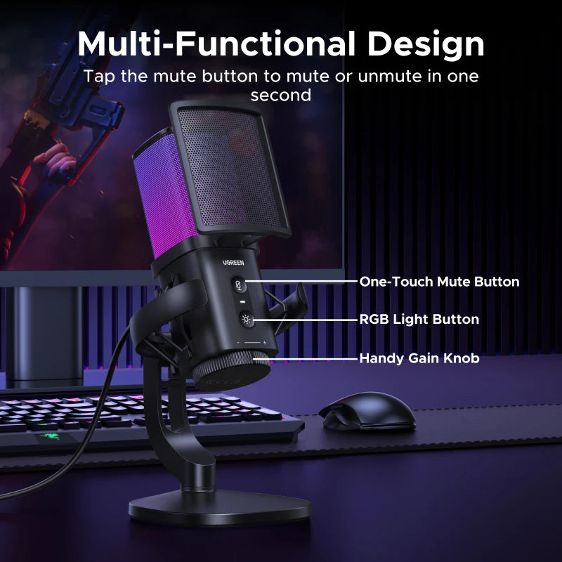 UGREEN USB Microphone with Touch Mute Button and RGB Lighting Suitable for PC Mac Gaming Karaoke Recording Streaming Podcasting