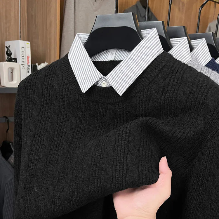 Men's Cable Knit Sweater, Faux Two-Layer Shirt Collar, 550g Wool Blend, 7 Colors Business Casual Knitted Pullover Sweater