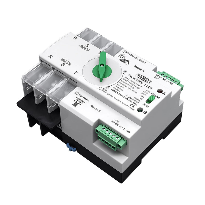 TOMZN 2P 3P 4P Din Rail ATS for PV and Inverter Dual Power Automatic Transfer Selector Switches Uninterrupted 63A 100A 125A