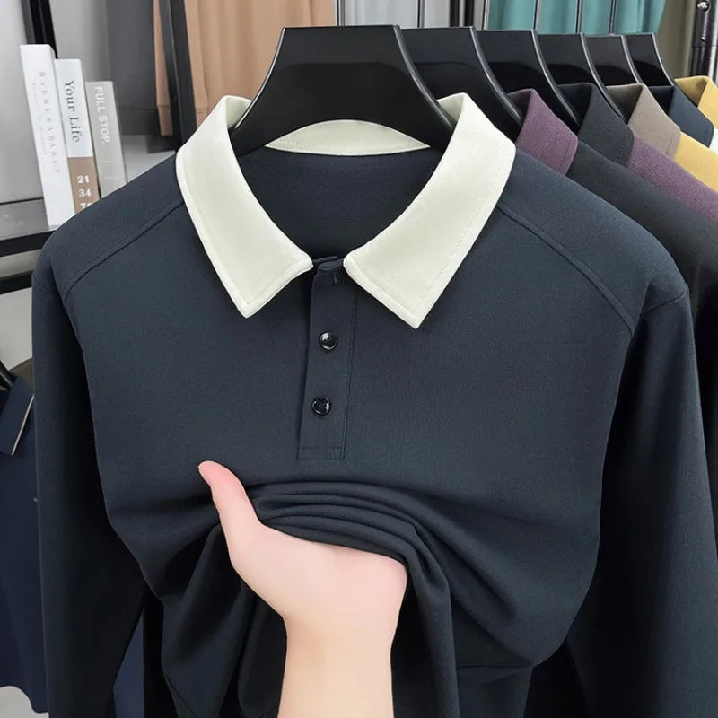 Men's Autumn Knit Polo Shirt, Contrast Collar and Sleeve Design, New Arrival Heavyweight Pullover for Casual Business Wear