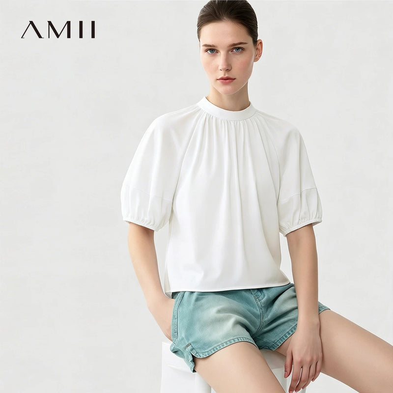 Amii Women's Shirt 2026 Summer New Stand Collar Lantern Dolman Sleeve 100% Cotton Blouse Loose Casual Short Top Female 12642176