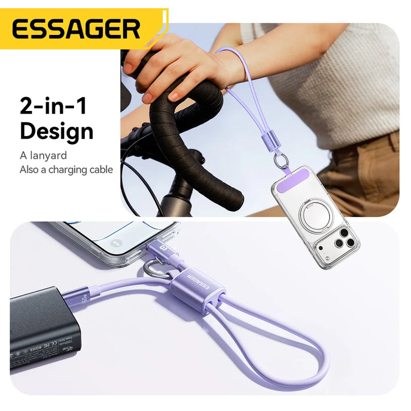 ខ្សែសាក Essager 60W USB Type C Lanyard ខ្សែខ្លីសម្រាប់ Samsung S25 S24 Xiaomi iPhone 17 16 15 Pro Type C ដល់ Type C Cable