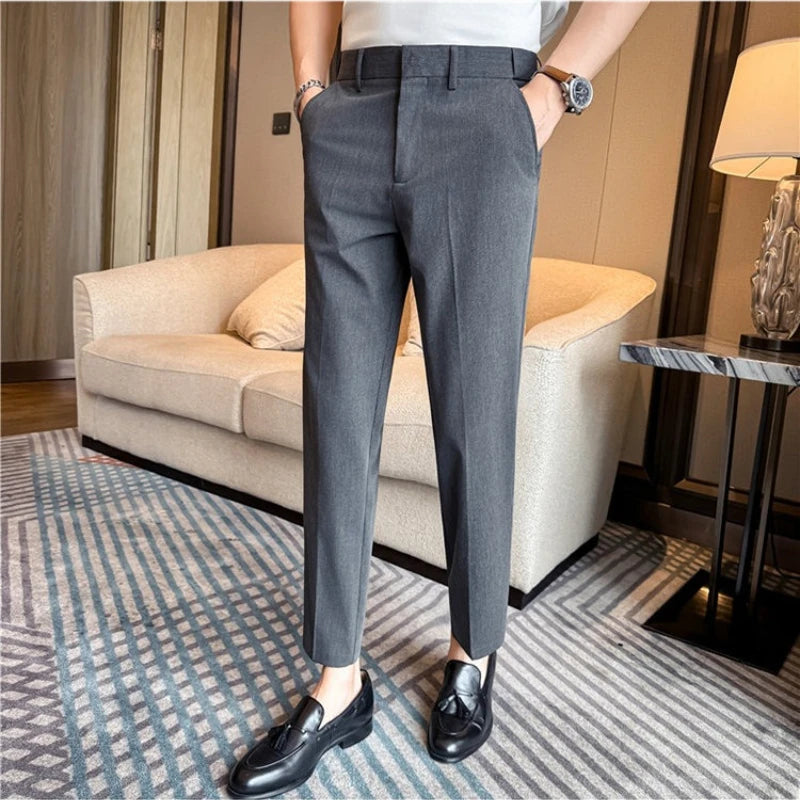 Men Summer Business Casual Trousers Lightweight Stretch Suit Pants Elastic Waist Flat Front Cropped Length Office Wear