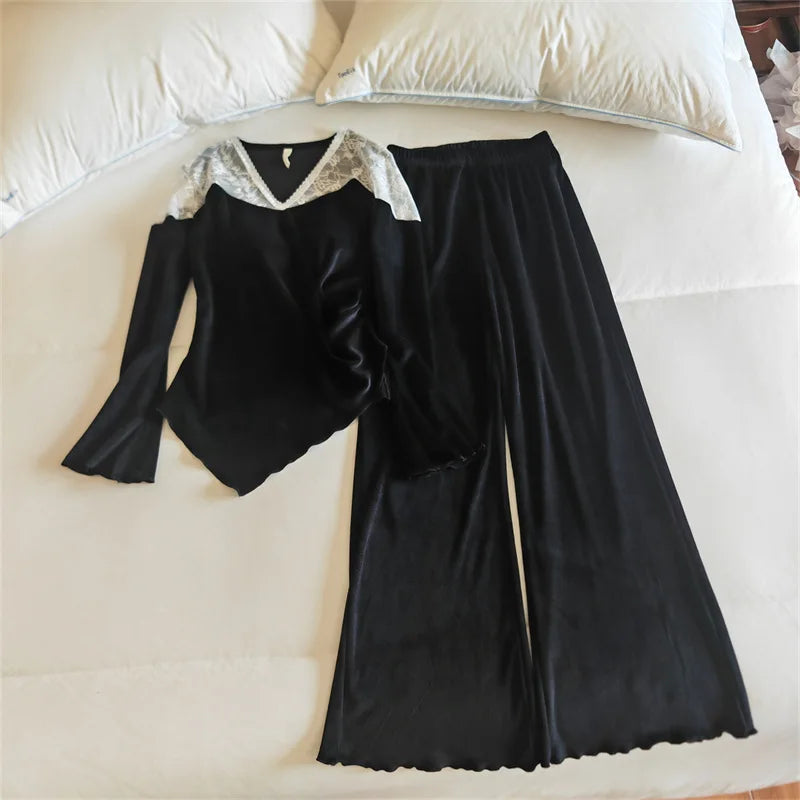ឈុតគេង Pijama Feminino Chest Pad Sleepwear Pajama Sets កោះថ្មី Velvet Thicken Pajama Woman រដូវរងាដៃវែង Loungewear Pyjama