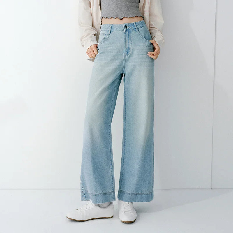 Semir Women Jeans 2026 Summer New Lace Waistband Cool Feeling Wide Leg Fashion Simple Slim Fit Long Pants