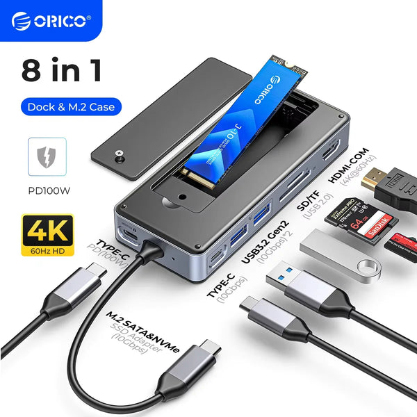 ORICO  USB C HUB with SSD Enclosure Laptop Docking Station with 4K 60Hz HDMI-Com 100W PD RJ45 SD/TF 10Gbps M.2 NVME SATA SSD 8TB