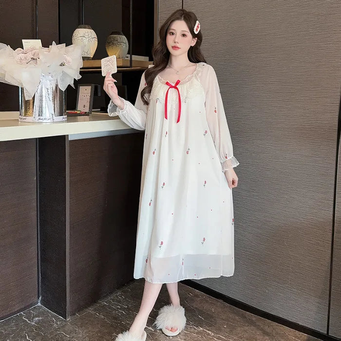 Spring Summer Long Sleeved Night Dress Woman Modal Lace Mesh Princess Nightgown Sleepwear Women's Nightie Korean Sleep Shirts