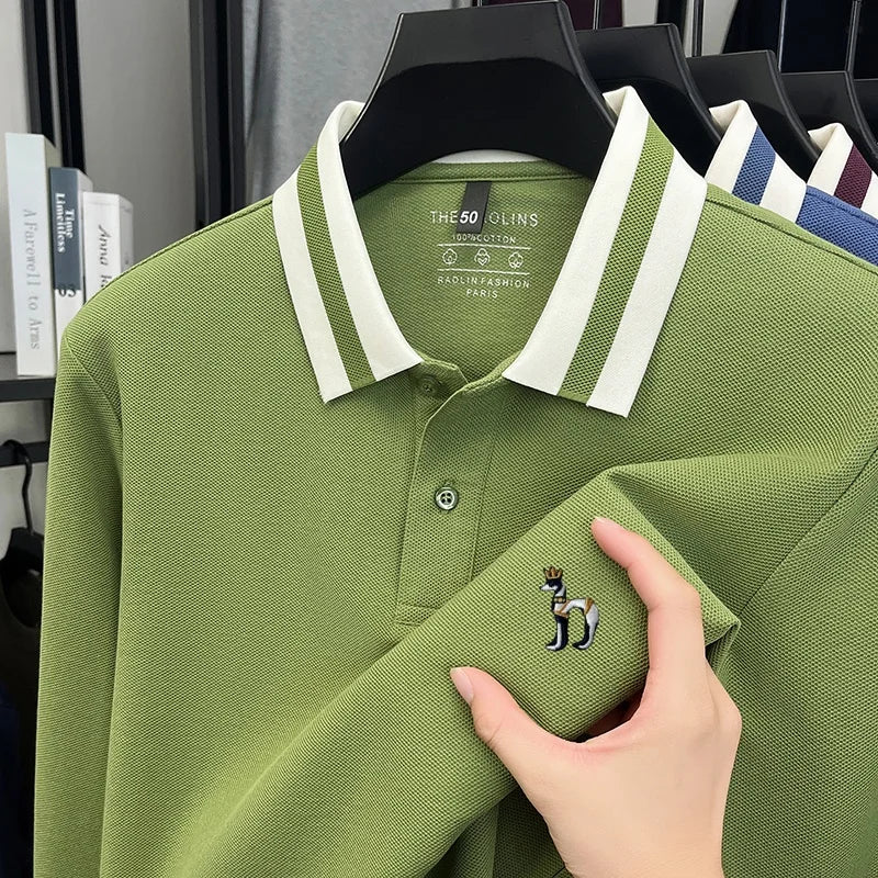 100%cotton Luxury Man Long-Sleeved Polo Shirt Button Lapel Dog Embroidery British Style Spring New Long Sleeves Leisure MensWear