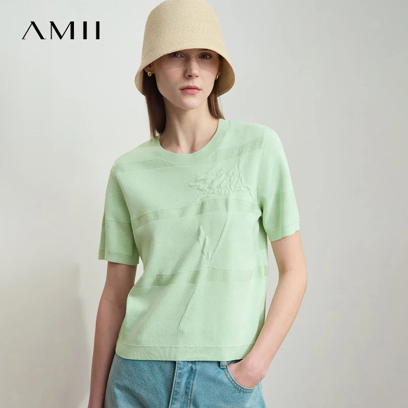 អាវយឺត AMII រដូវក្តៅបែប Minimalist សម្រាប់ស្ត្រីឆ្នាំ ២០២៥ អាវយឺតកមូលដៃខ្លីបោះពុម្ពសម្រាប់ស្ត្រីម៉ូដទាន់សម័យ 12522078