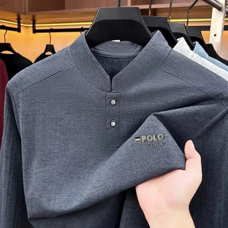 Breathable Vertical Texture Henley Pullover Men Long Sleeve Mandarin Collar Two Button Front Versatile Everyday Garment