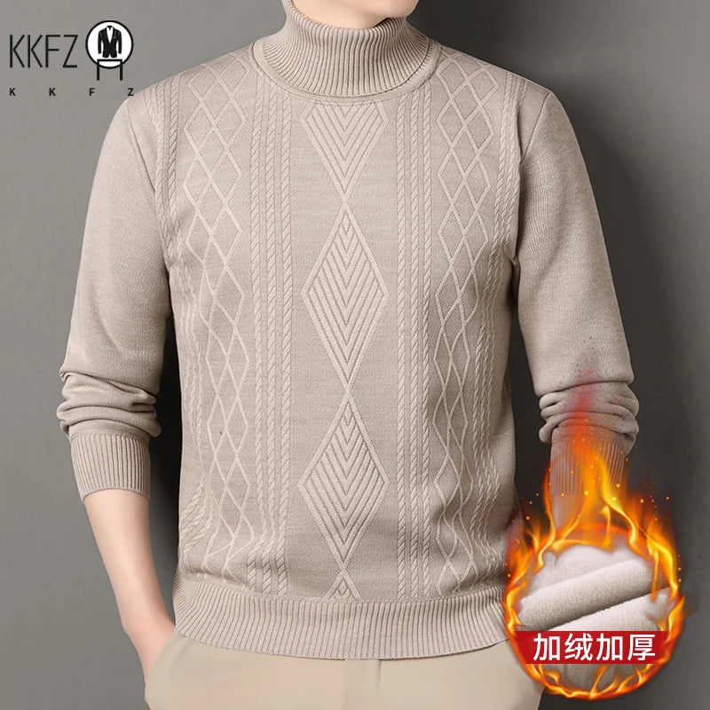 Three Dimensional Twist Weave Male Turtleneck Sweater Diamond Cable Allover Pattern Fleece Lined Rib Hem Pullover