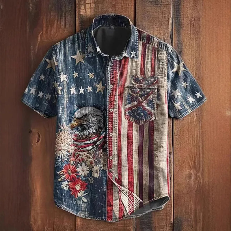 European and American Retro-Style Men's Short-Sleeve Printed Shirts, Summer Single-Breasted Collared Shirt, Sizes S–XXXL.
