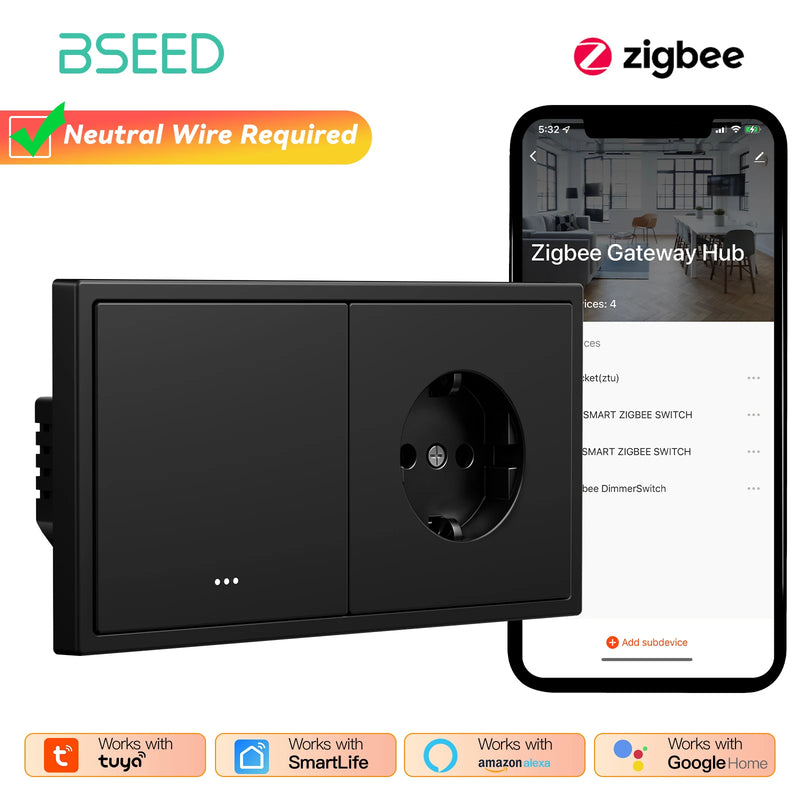 BSEED Zigbee Click Switch 1/2/3/4Gang Smart Button Light Switch With EU Power Socket Plastic Frame Tuya Smart Life Alexa Control